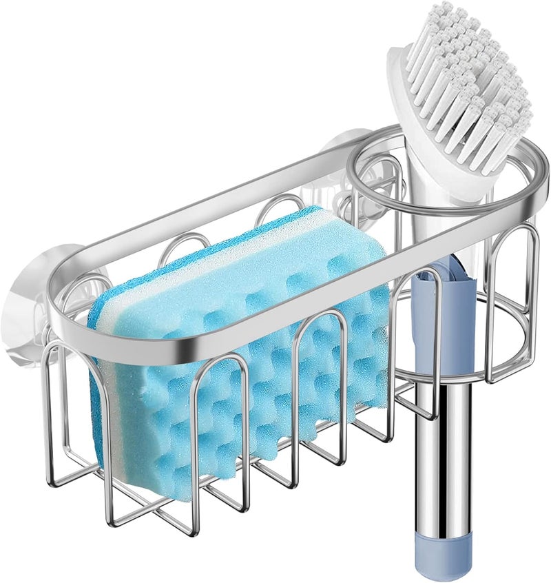 Yazoni 2-in-1 Sponge Holder for Kitchen Sink, Suction Cup Kitchen Caddy, No Drill Rustproof Sink Organizer for Place Dishwashing Brush Soap and Sponge (Silver) - Image 1